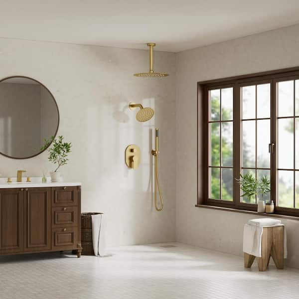 3-Spray 10 and 6 in. Dual Shower Heads Ceiling Mount and Handheld Shower Head in Brushed Gold (Valve Included)