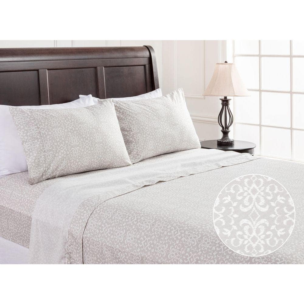 CHANASYA 4-Piece Damask Ikat Gray Pattern Print Microfiber Bedsheets Set, Queen