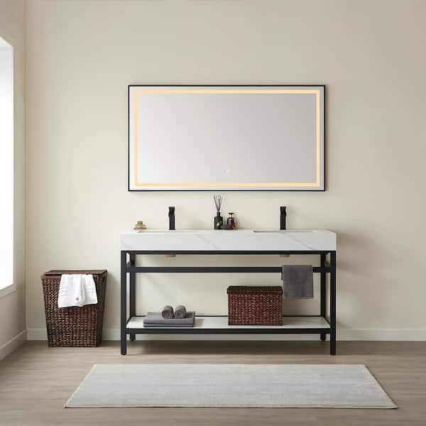 ROSWELL Funes 60 in. W x 22 in. D x 33.9 in. H Double Sink Bath Vanity in Matt Black Metal Stand with White Sintered Stone Top