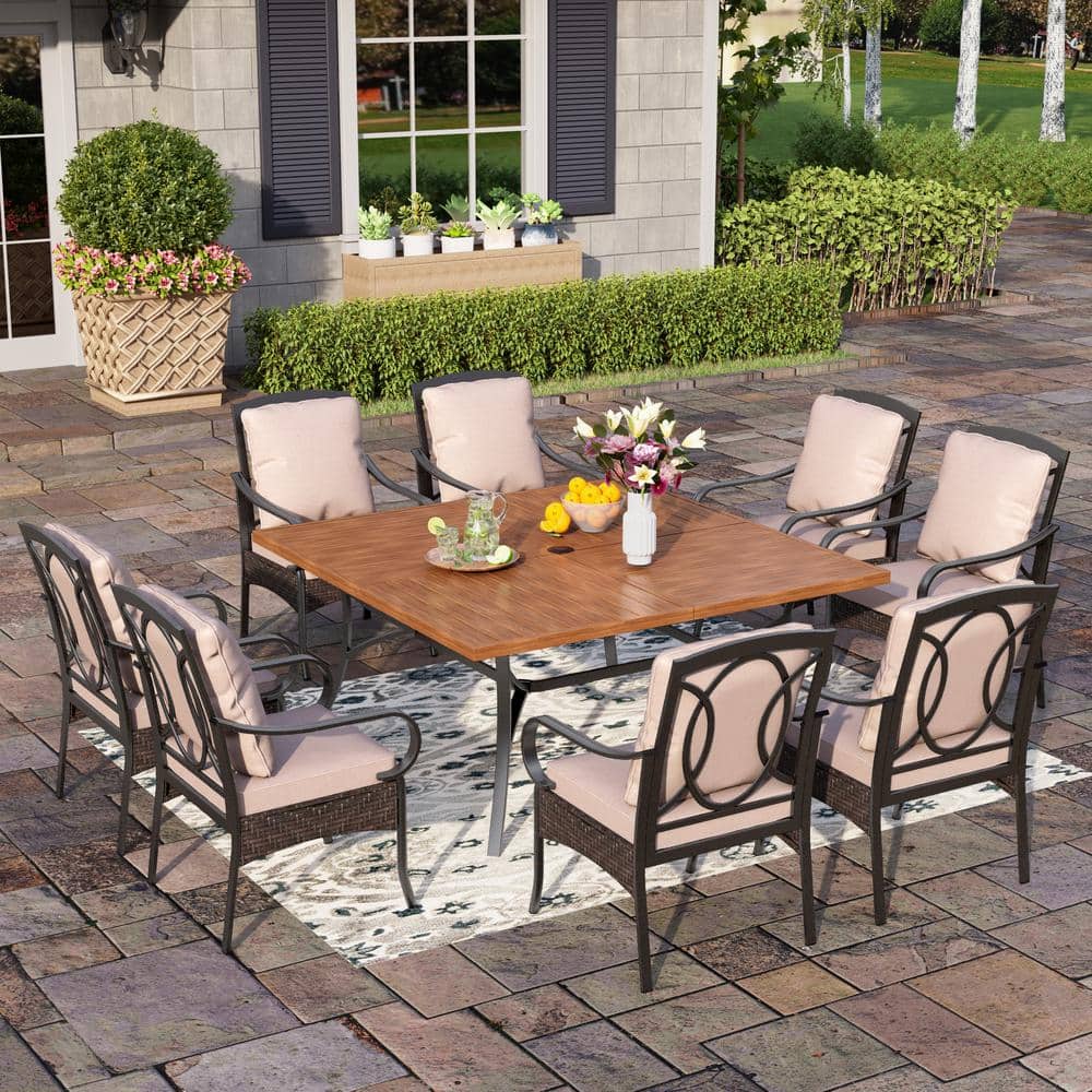 PHI VILLA 9Piece Metal Patio Outdoor Dining Set with WoodLook Square