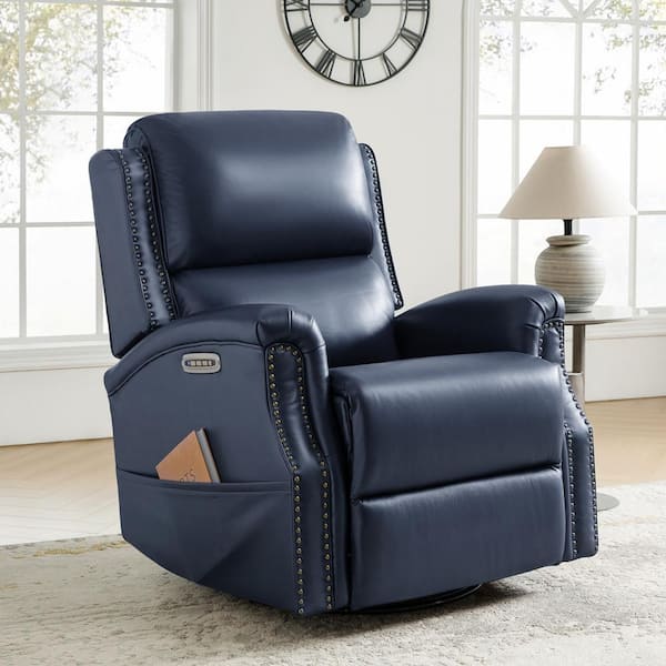 Joachim Navy 34.5 in. Traditional Genuine Leather Power Swivel Glider Recliner