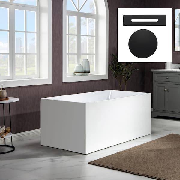 WOODBRIDGE Howell 59 in. Acrylic FlatBottom Rectange Bathtub with Matte Black Overflow and Drain Included in White