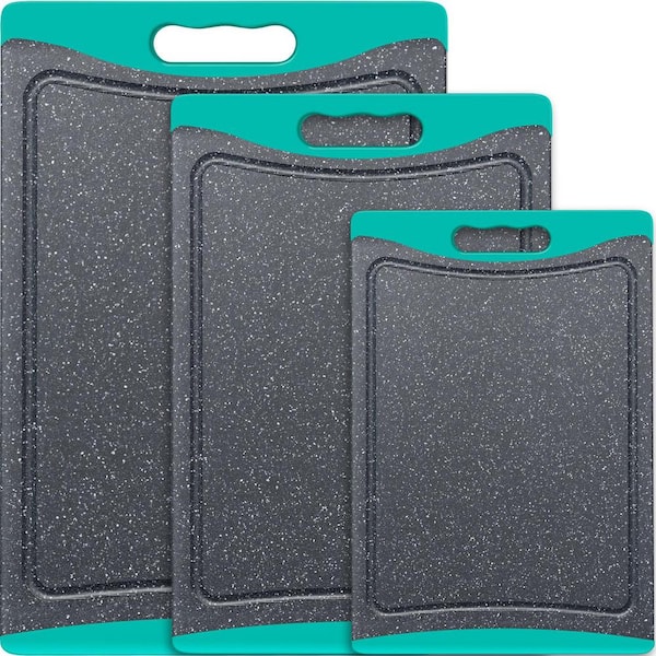 3-Piece Extra Large Plastic Cutting Board Set with Juice Grooves and Easy-Grip Handles, Turquoise and Gray