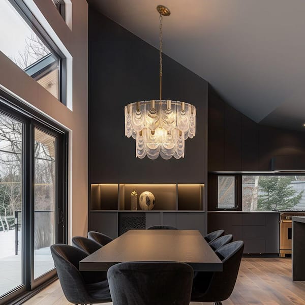 24 in. 9-Light Glass Modern Gold Chandelier for Dining Room and Living Room