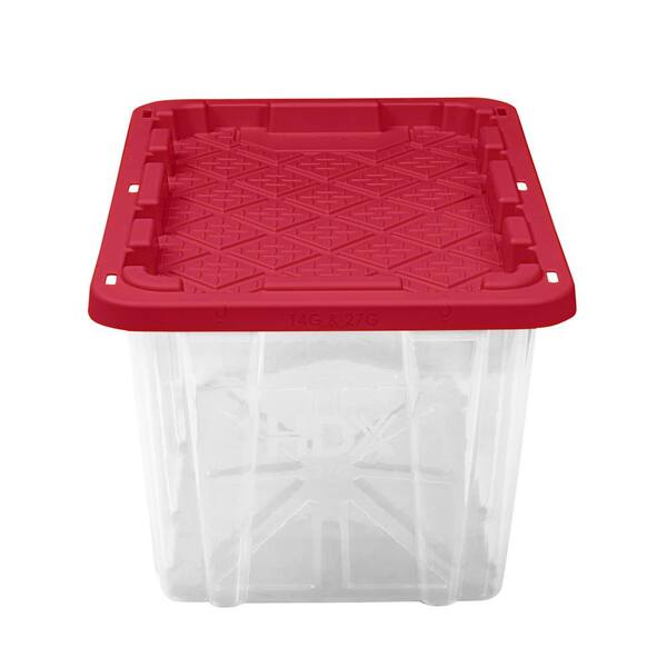 4-Pack 27 Gallon Stackable Plastic Storage Bins With Snap Lid – Red Lid, Clear Base