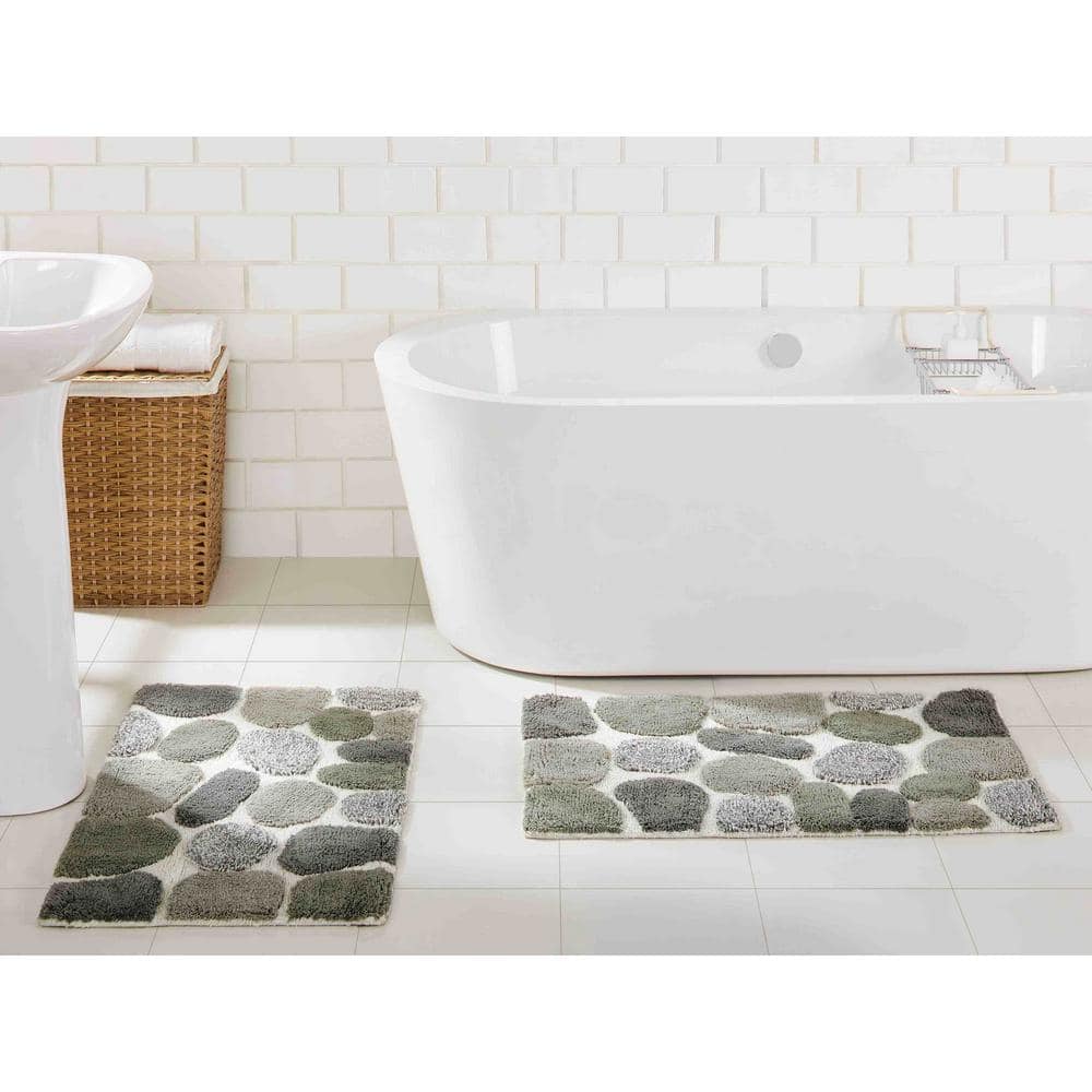 Gray Cotton Pebble Pattern Non-Slip Bath Mat Set