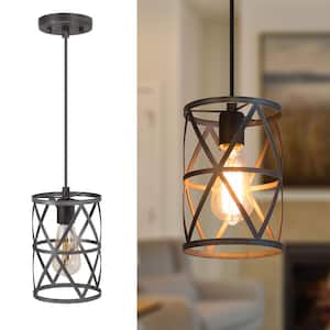 Modern Industrial Brushed Grey Drum Pendant Light with Open Cage Shade 1-Light Pendant Light for Kitchen Island Foyer