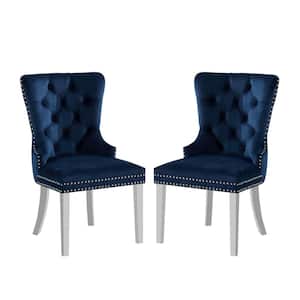 Kerrydale Navy Flannelette Button Tufted and Nailhead Trim Dining Chair (Set of 2)