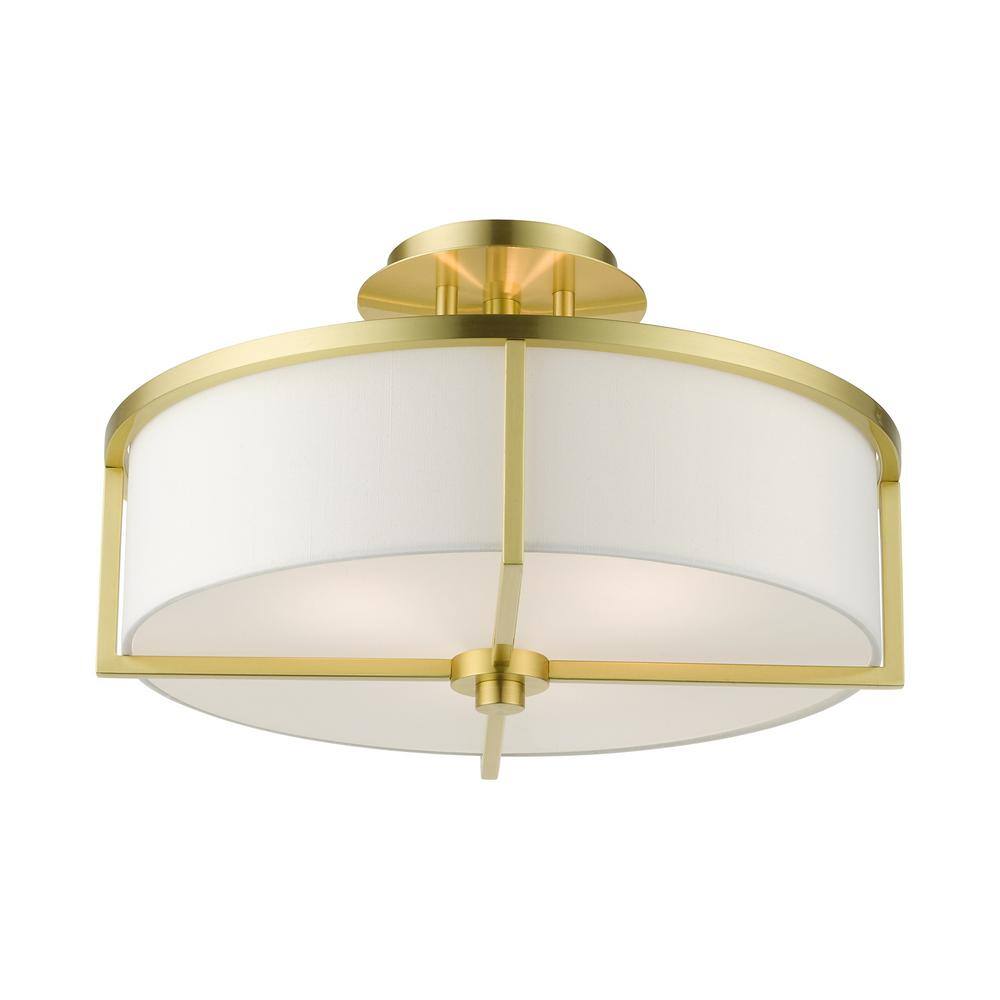 Satin Brass and Glass 3-Light Drum Semi-Flush Mount
