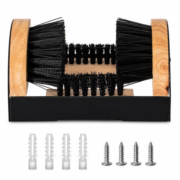 9 in. x 6 in. Heavy-Duty Metal and Wooden Base Shoe Cleaner Boot Scraper, Portable Scrubbing Brush, Boot Tray, Wooden