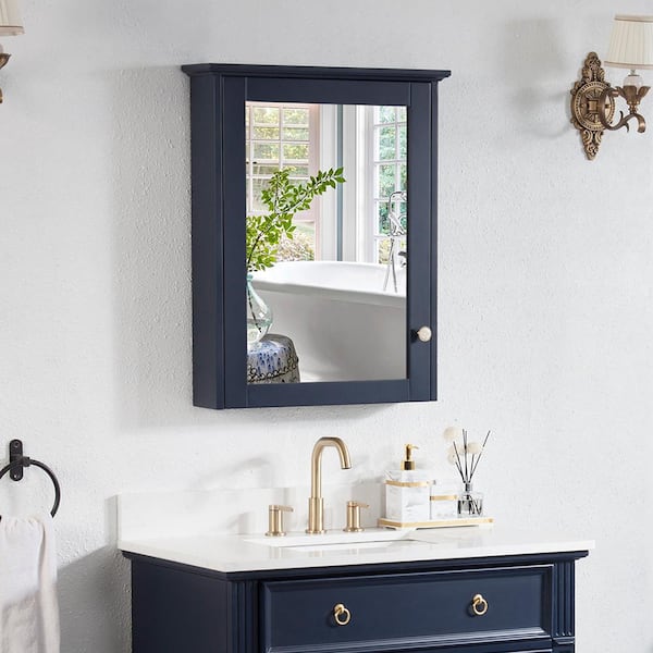 ANGELES HOME 24 in. W x 30 in. H Medium Rectangular Navy Blue Solid Wood Frame Surface Mount Soft Close Medicine Cabinet with Mirror