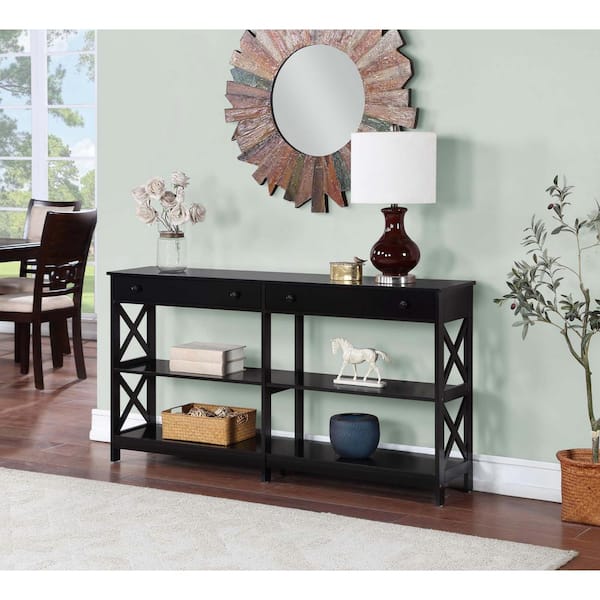 Convenience Concepts Oxford 60 in. Black Standard Height Rectangle Wood Console Table with 2 Drawers and Shelves
