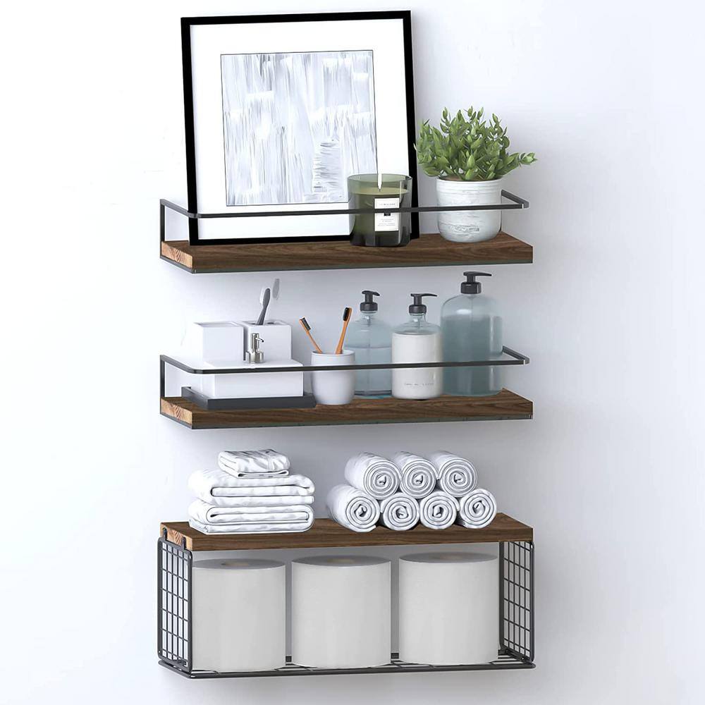 16.9 in. W x 5.8 in. D Dark Brown Wood Floating Shelves with Sturdy Metal  Frame Decorative Wall Shelf PUCF79 - The Home Depot