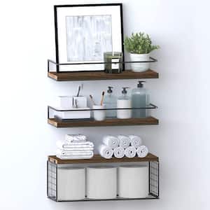 Set of 3 Wall Shelf, 16.5 x 6 Floating Shelves with Wire Basket for Wall  Decor, Boho Rustic Wood Wall Shelves Clearance Toilet Storage Shelf for  Bathroom, Bedroom, Home, Farmhouse and Plant 