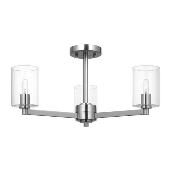 Sea Gull Lighting Fullton 20 in. Modern 3-Light Indoor Dimmable Chrome Semi-Flush Ceiling Mount Light with Clear Glass Shades