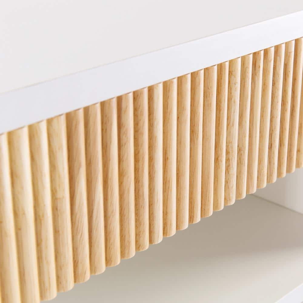 White MDF Floating Nightstand with Rattan Drawer