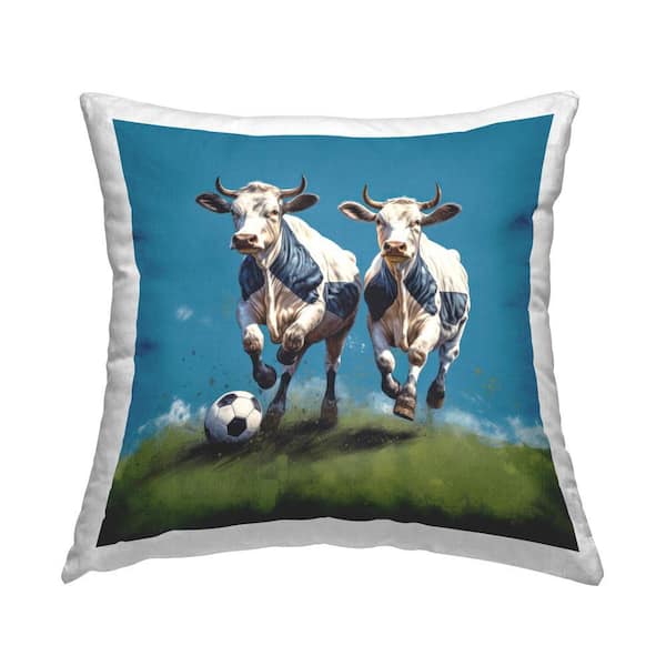 Stupell Industries Cows Playing Soccer Blue Print Polyester 18 in. x 18 in. Throw Pillow