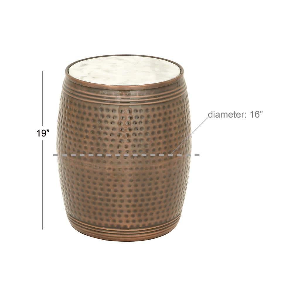 Copper Hammered Barrel Side Table with White Marble Top - 16"x19"