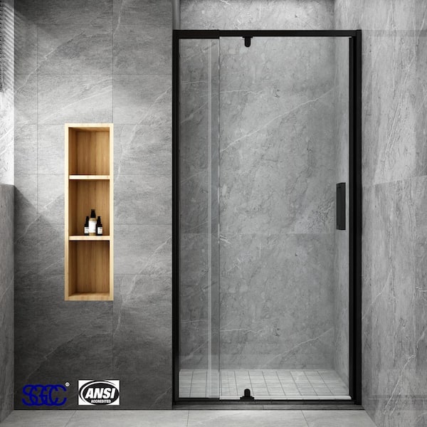 32 to 36 in. W x 72 in. H Framed Pivot Shower Door in Black with Clear Glass