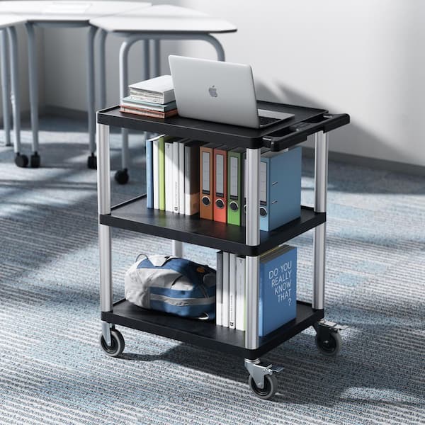 Utility Cart, 300 lbs. Capacity, 27.6 x 18.1 in. Service Cart, 3-Shelf Heavy Duty Plastic Utility Cart with Wheels