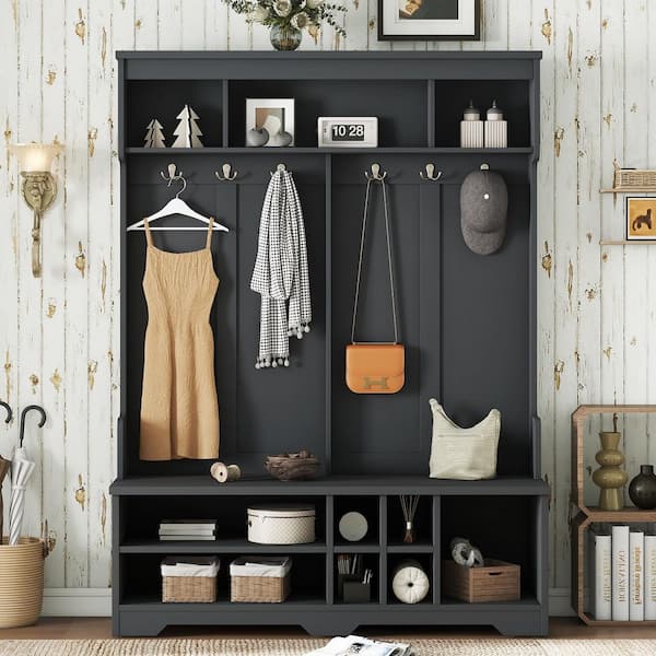Black Storage Hall Tree with Shoe Cubbies and Coat Rack with 6-Metal Hooks
