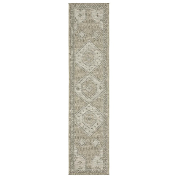 Thrasher Beige 2 ft. x 8 ft. Geometric Medallion Polypropylene Indoor/Outdoor Runner