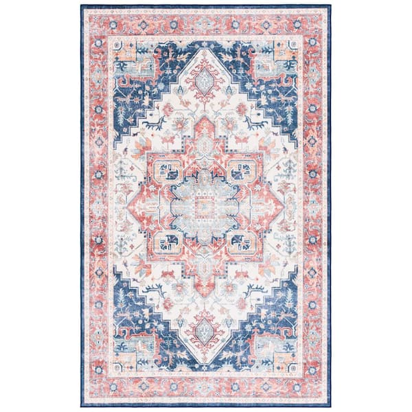 SAFAVIEH Arizona Rust/Dark Blue 9 ft. x 12 ft. Distressed Border Ornate Machine Washable Area Rug