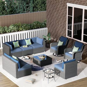 Athena Gray 10-Piece Wicker Outdoor Patio Conversation Seating Set with Denim Blue Cushions