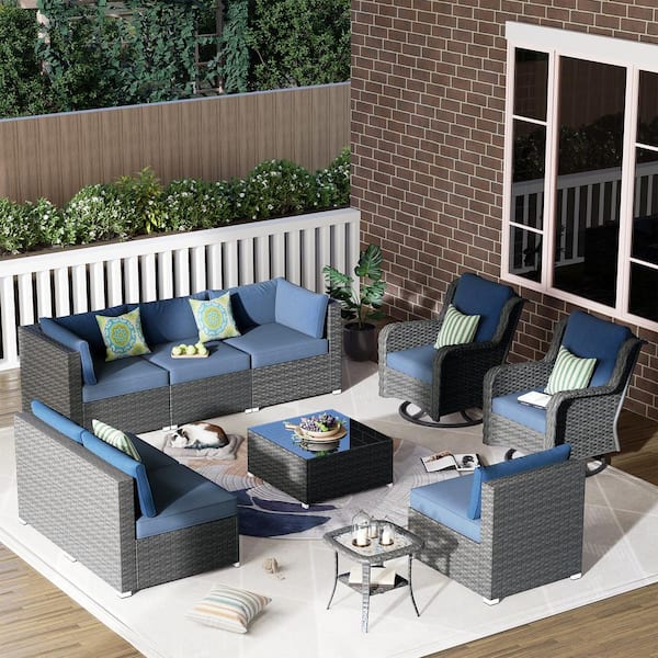 XIZZI Athena Gray 10-Piece Wicker Outdoor Patio Conversation Seating Set with Denim Blue Cushions
