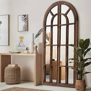 31.5 in. W x 71 in. H Oversize Classic Arched Solid Wood Framed Brown Floor Mirror