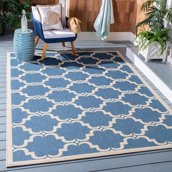 Courtyard Blue/Beige 8 ft. x 8 ft. Square Border Indoor/Outdoor Patio  Area Rug