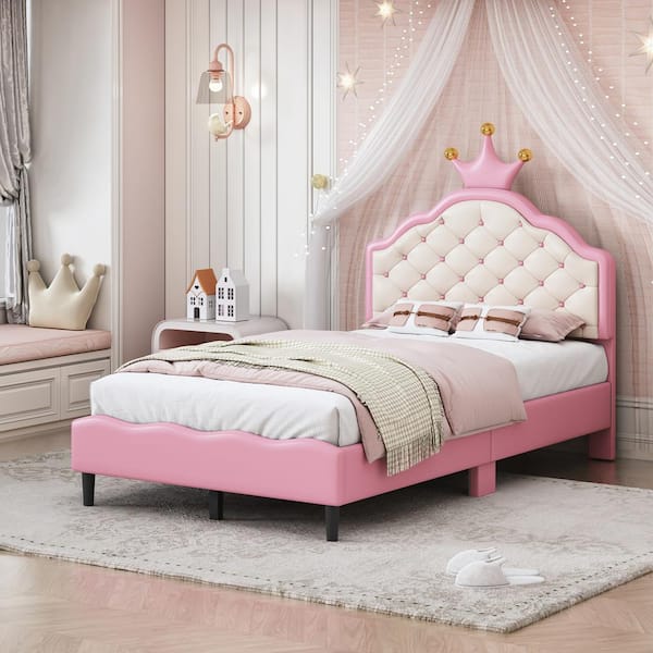 Pink Wood Frame Twin Size PU Leather Upholstered Platform Bed with Cream Tufted Headboard