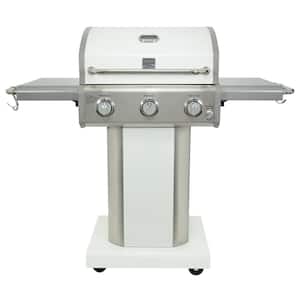 3-Burner Propane Gas Pedestal Grill with Foldable Side Shelves-Pearl