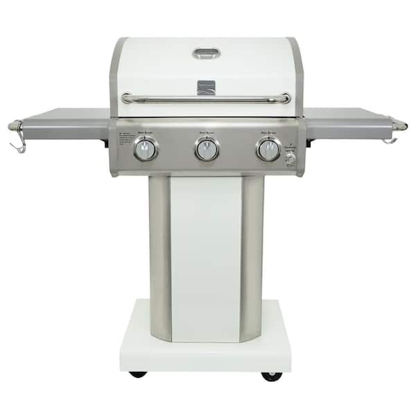 KENMORE 3-Burner Propane Gas Pedestal Grill with Foldable Side Shelves-Pearl