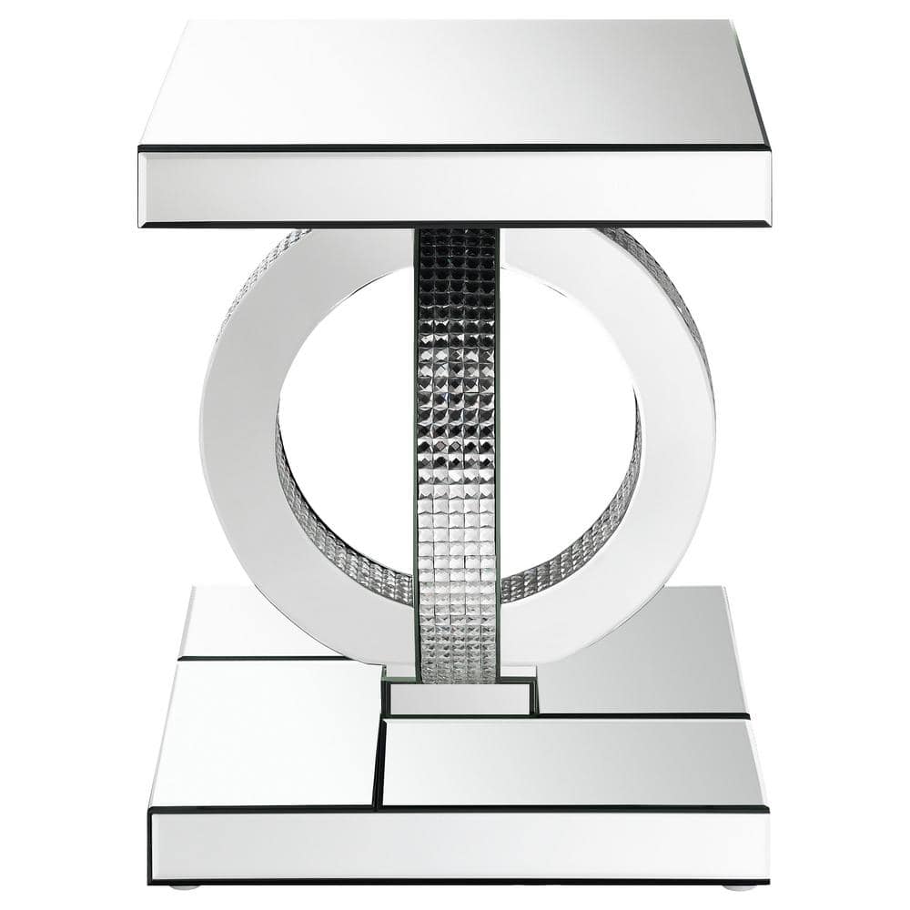 Silver Mirrored Glass Square End Table with Rings Base