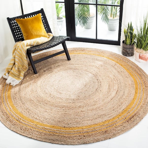 Natural Fiber Beige/Gold 7 ft. x 7 ft. Woven Border Round Area Rug