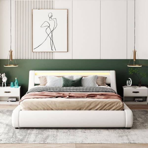 white queen platform bed with storage and headboard