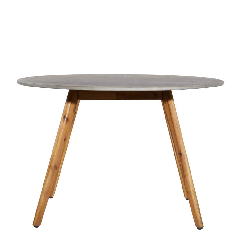 Gray Polycement Top Round Outdoor Dining Table with Acacia Wood Legs