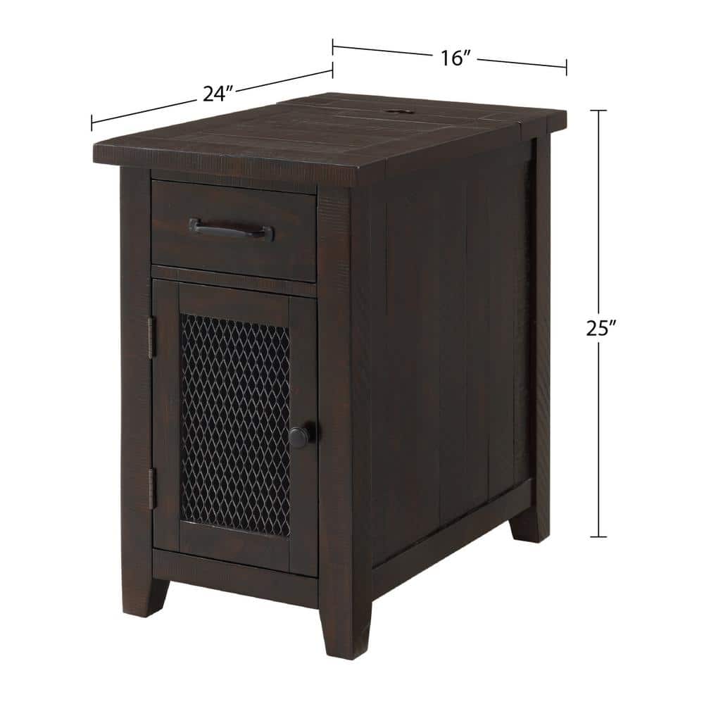 Antique Black and Honey Rustic Pine Chairside Table with Power Storage