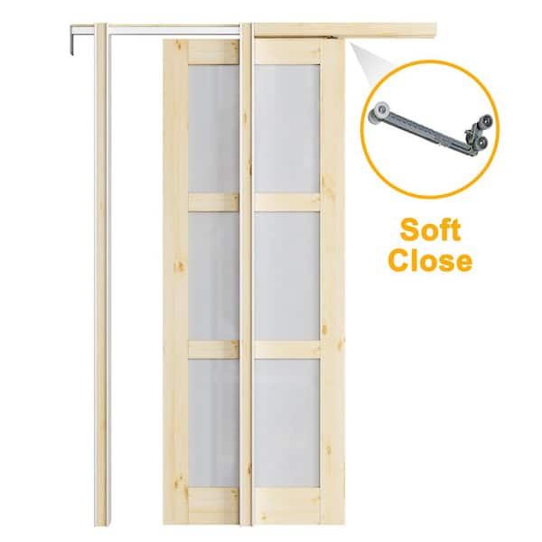 ARK DESIGN 28 in. x 80 in. 3-Lite Frosted Glass Primed Door with Solid Core Pine Pocket Door Frame with Hardware and Soft Close