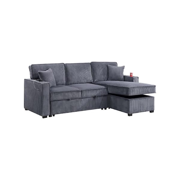 Foi 93 in. Square Arm Corduroy L-Shaped Sectional Sofa in. Dark Gray