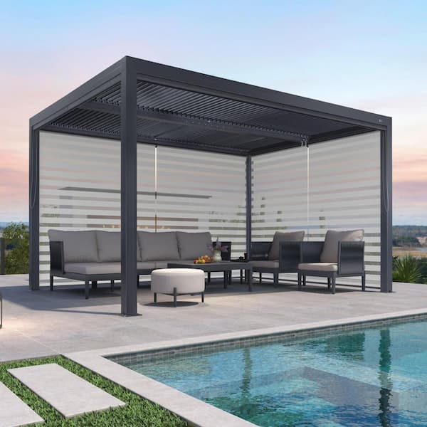 PURPLE LEAF 11 ft. x 13 ft. Gray Aluminum Frame Louvered Pergola with Adjustable Sunshade Roof and 1-Long 1-Short Side Roller Shades