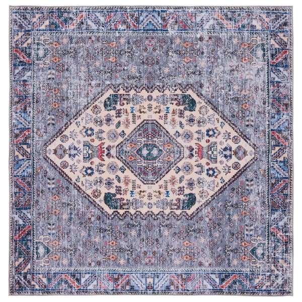 SAFAVIEH Tucson Beige/Gray 6 ft. x 6 ft. Machine Washable Border Floral Medallion Square Area Rug