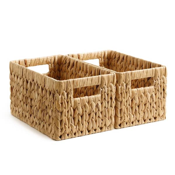 Handwoven Natural Water Hyacinth Storage Basket with Built-In Handles, 2-Pack, 13 in. x 8.25 in. x 7 in.
