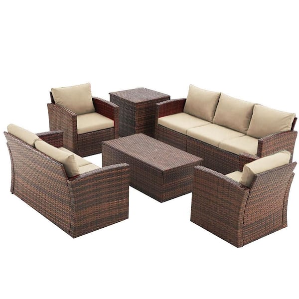 Sudzendf Brown 7-Piece Wicker Patio Conversation Set with Beige Cushions and Two Storage Boxes for Garden, Deck