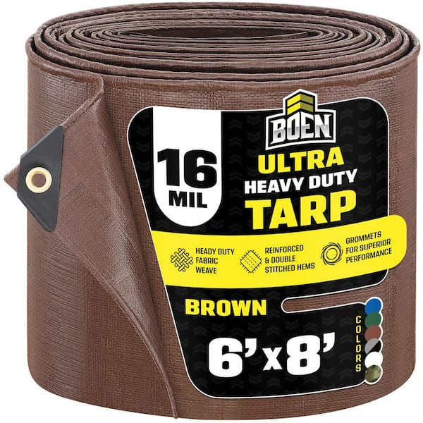 BOEN Ultra Heavy-Duty Brown Tarps 6 ft. x 8 ft. Waterproof and UV Resistant, 16 Mil Thick