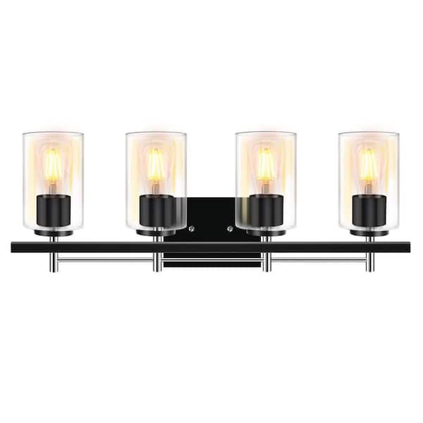 23.6 in. 4-Light Matte Black and Brushed Nickel Modern Vanity Light with Clear Glass Shade