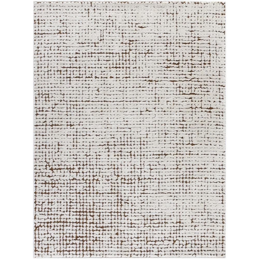 Ivory and Brown High Pile Polyester Area Rug, 5'3" x 7'