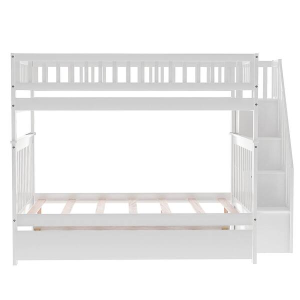 Qualler White Full Over Full Bunk Bed With Trundle And Staircase 