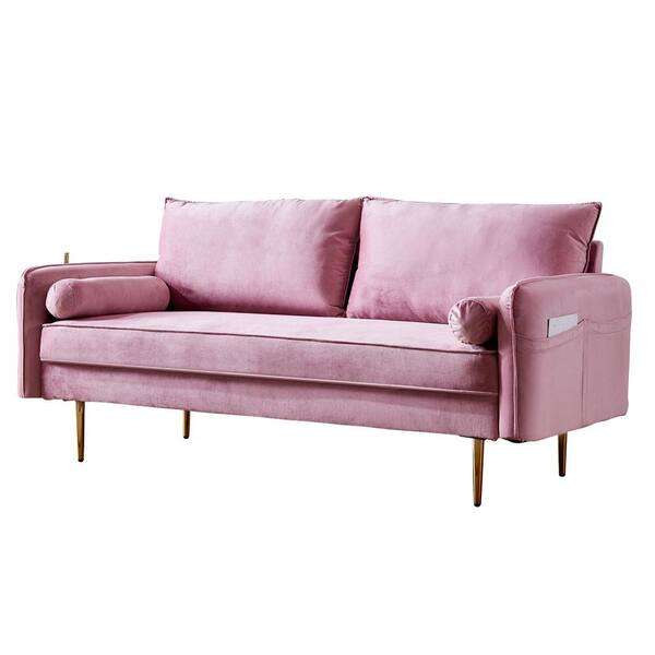 Wood Modern Velvet Upholstered Outdoor Sofa Couch with Beige Cushions, 3 Seat Tufted Back with Nail Arms with 2 Pillows